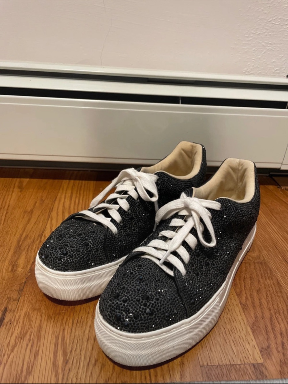 Betsey Johnson Black Sequin Platform Sneakers with White Laces